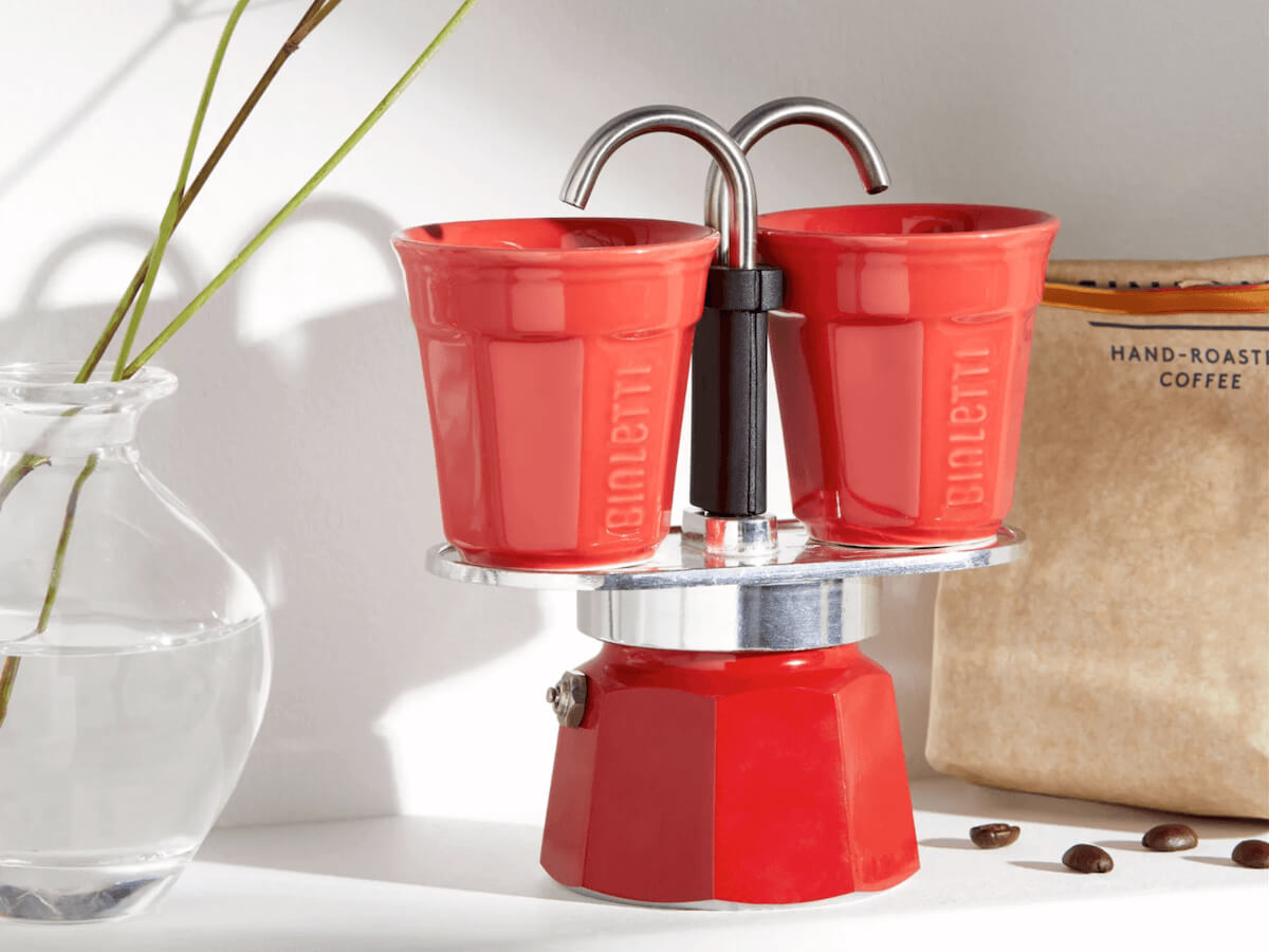 Bialetti Mini Express Coffee Pot Gift Set with 2 Cups - red
